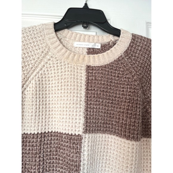 Altar'd State Womens XS Chenille Cropped Sweater Brown Cream Colorblock Striped - Picture 3 of 8